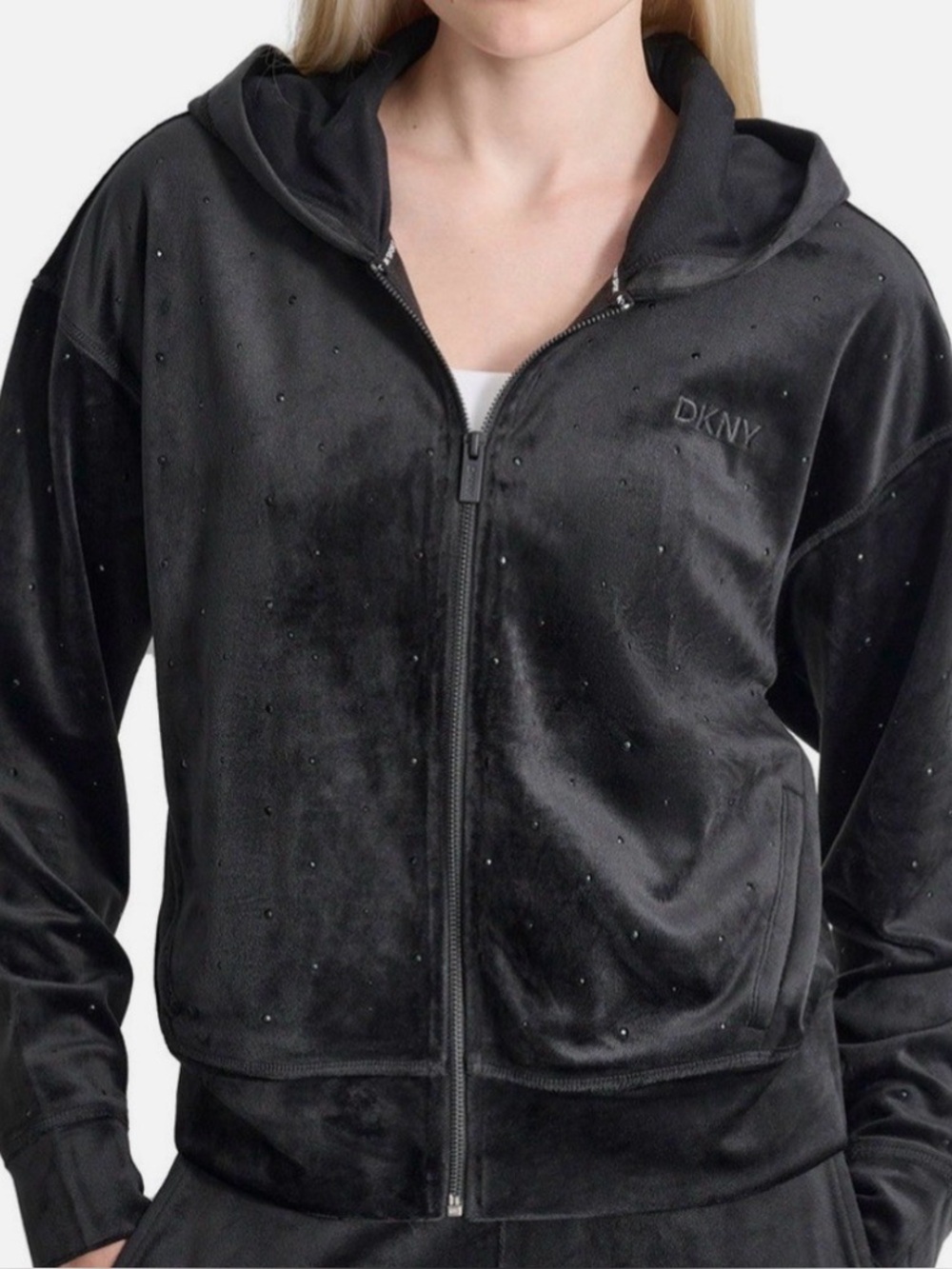 DKNY Black Velvet Hoodie with Rhinestone Accents